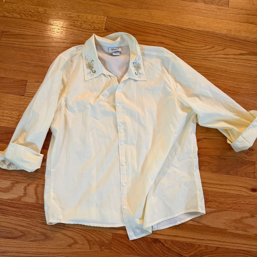 Distinct Rhinestone Collar Pinstripe Button Down Shirt Large Yellow White Stripe